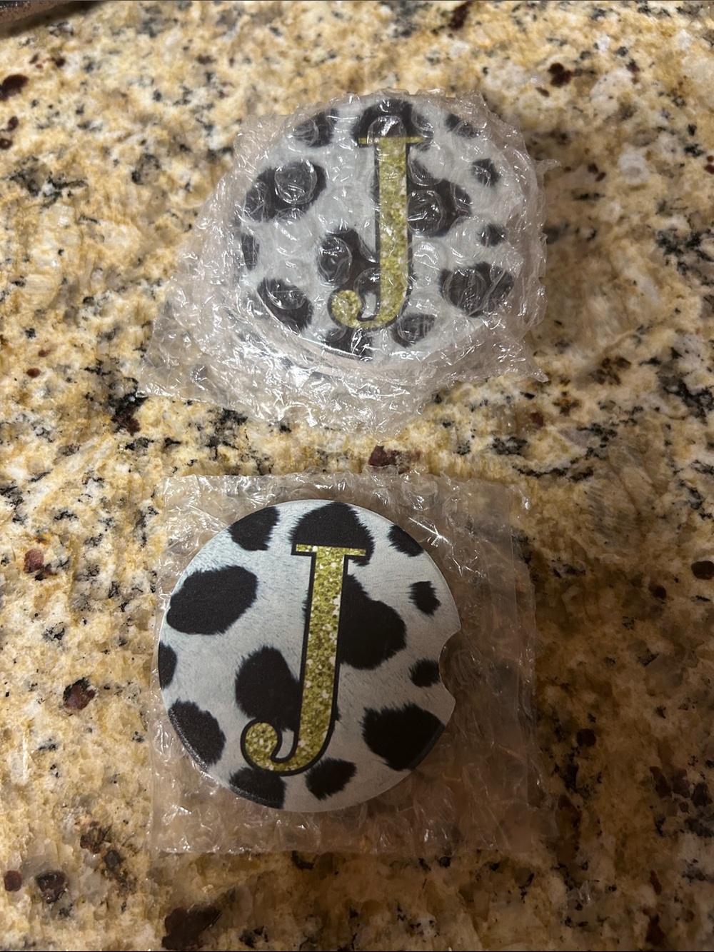 NWOT🚙Monogram 'J' Cow Print Car or Truck 🛻 Coasters Black & Blue/Green.